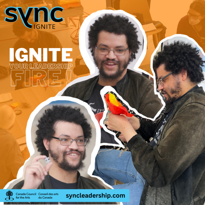 a picture of an artist taking part in Sync Shorts. He is talking, making and the words Sync Shorts Ignire your leadership fire are clearly visible